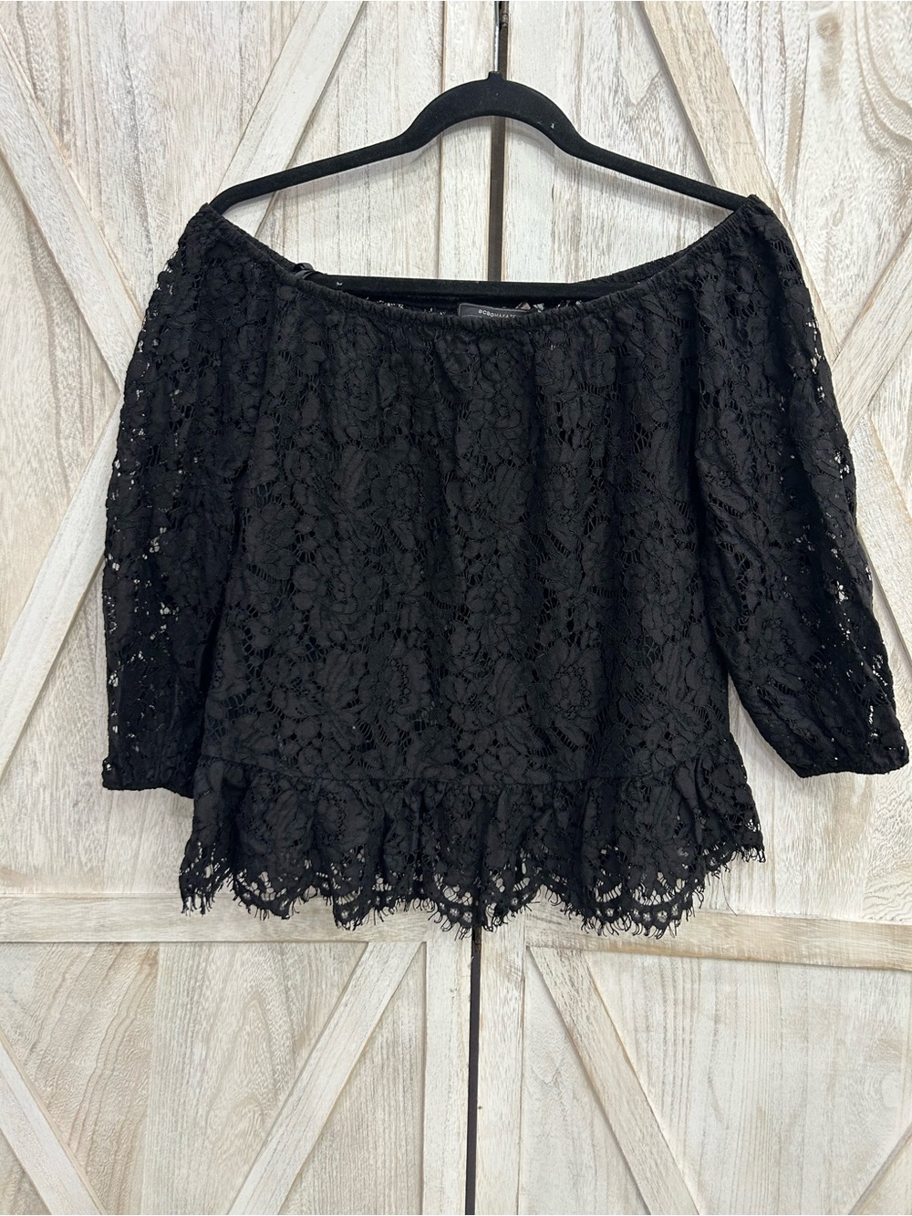 BCBGMaxAzria Black Lace Off-Shoulder Blouse with Scalloped Hem